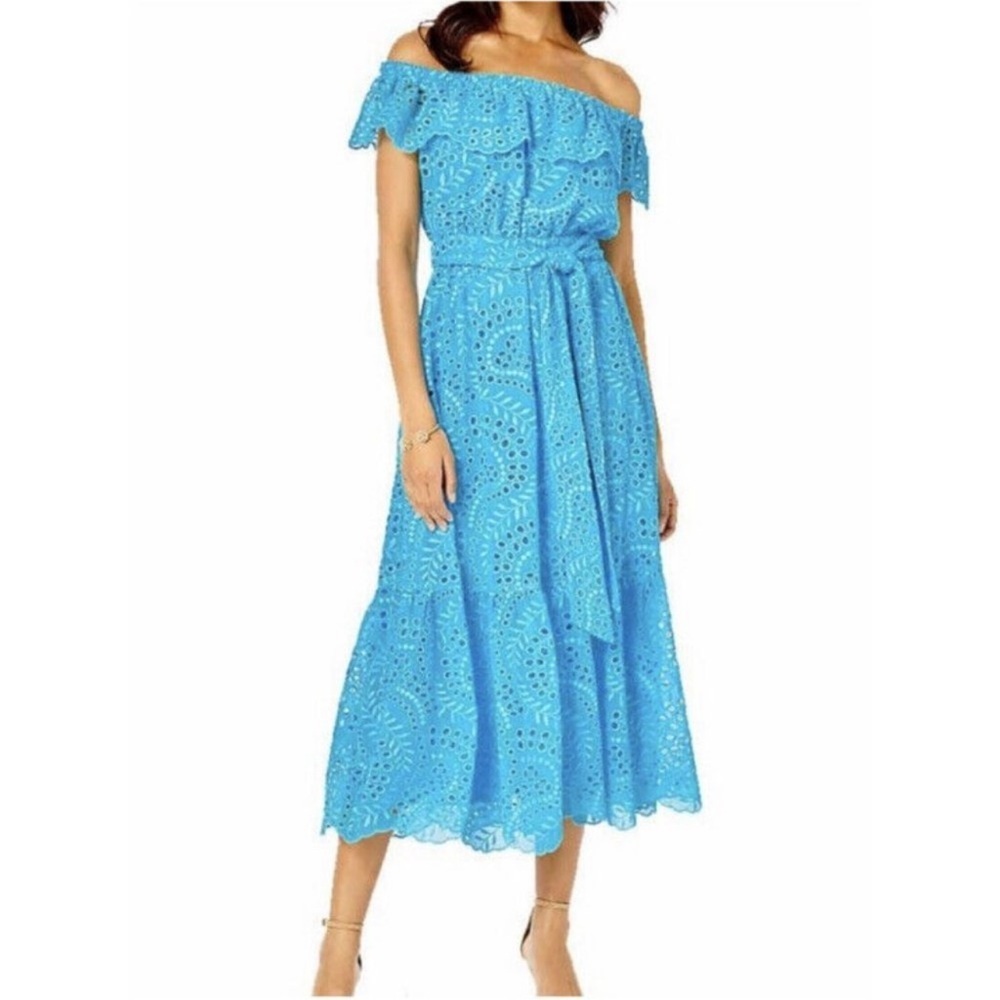 Lilly Pulitzer Geri Off Shoulder Dress Seabreeze Blue Eyelet Size Small